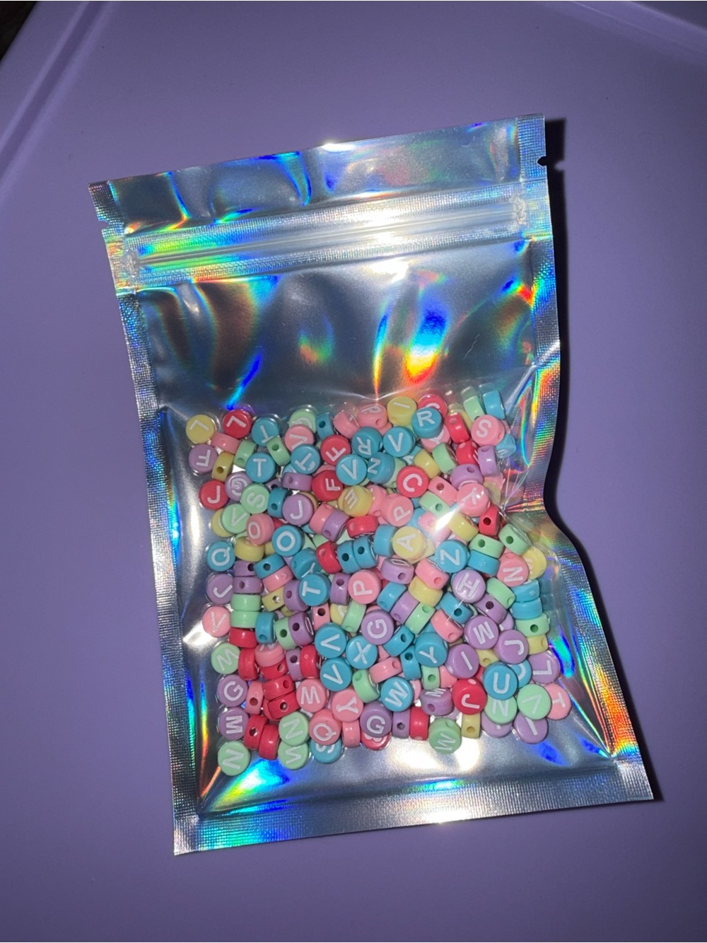 Holographic Zip Pouch with Pastel Alphabet Beads